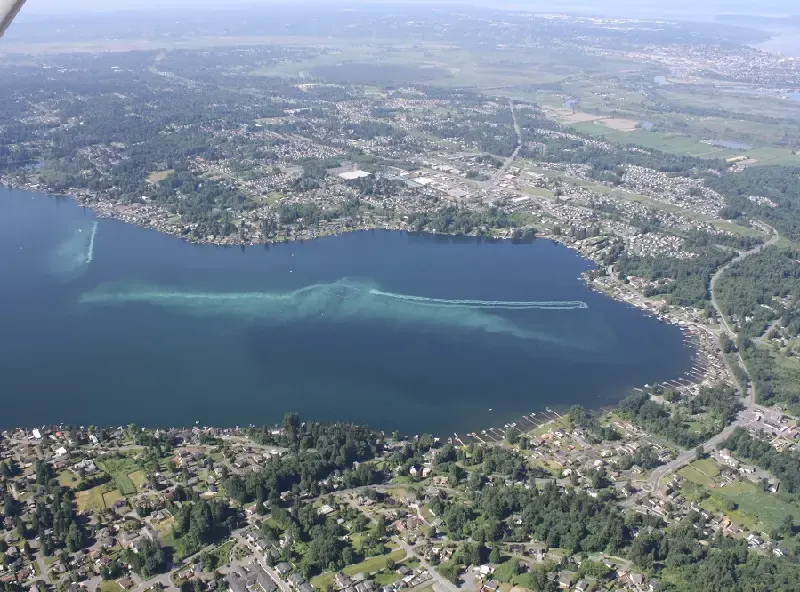Aerial view of a long lake ringed by neighborhoods and evergreen forest