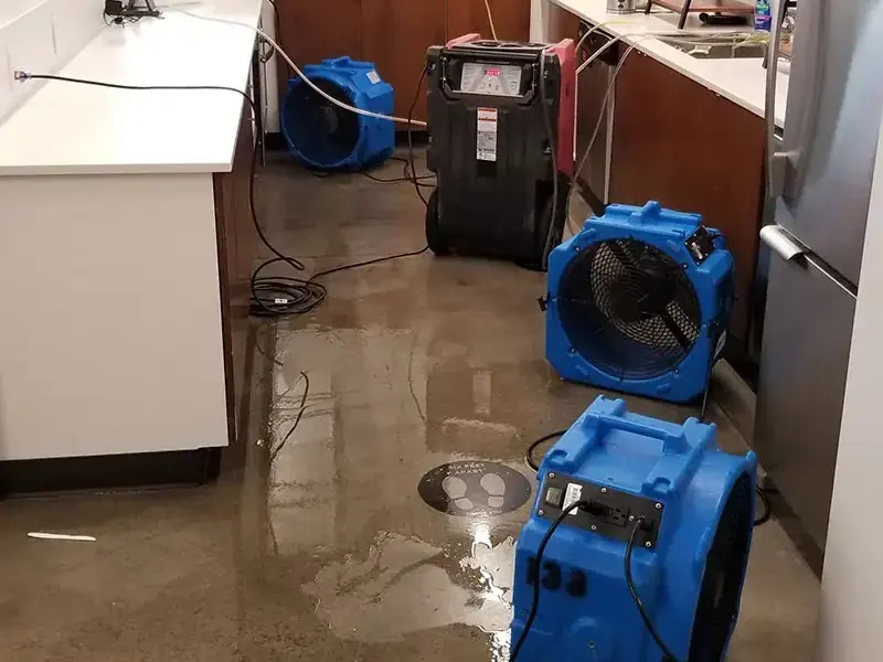Dehumidifier and three air movers drying a wet kitchen floor, Arlington water damage example