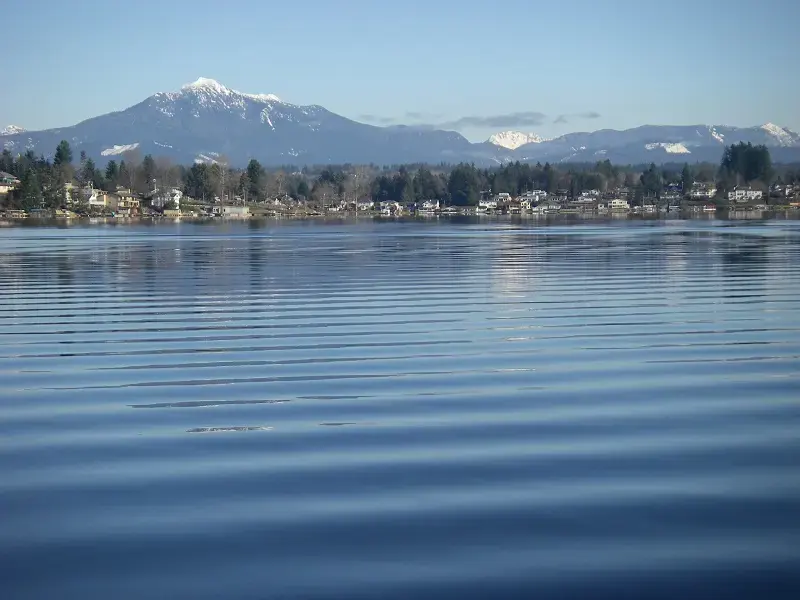 Calm lake water with homes along the far shore and a snow-capped peak behind