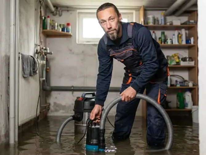 Worker lowering a submersible pump into standing water in a flooded basement utility room