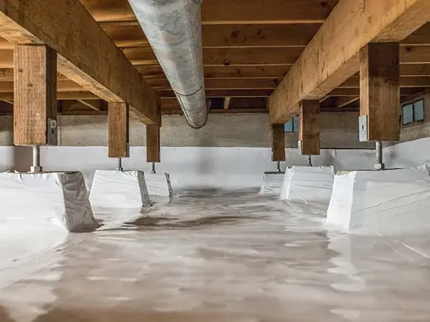 Standing water pooled on a white vapor barrier between support piers in a crawl space
