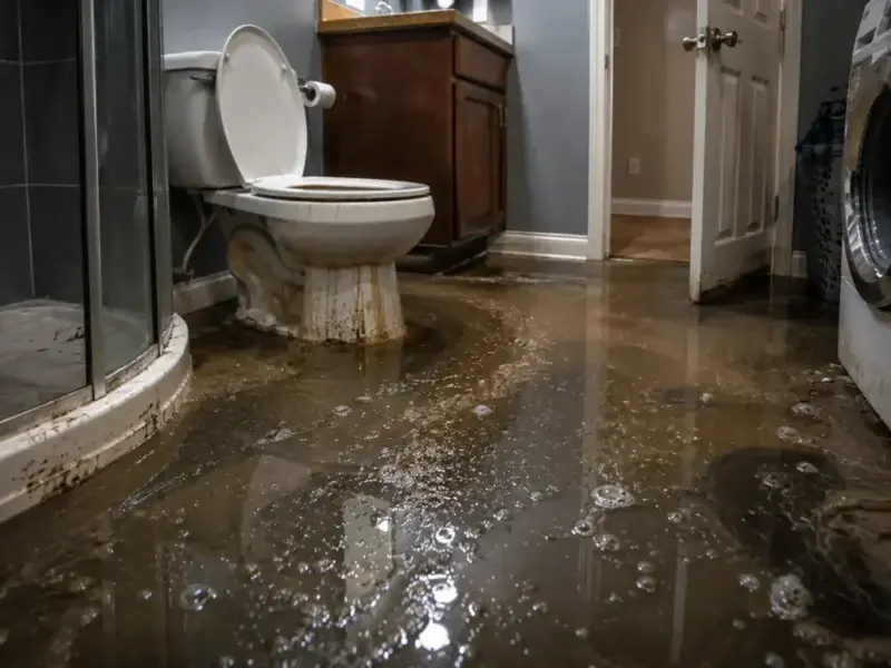 Dirty water spread across a bathroom floor around a toilet and a washing machine